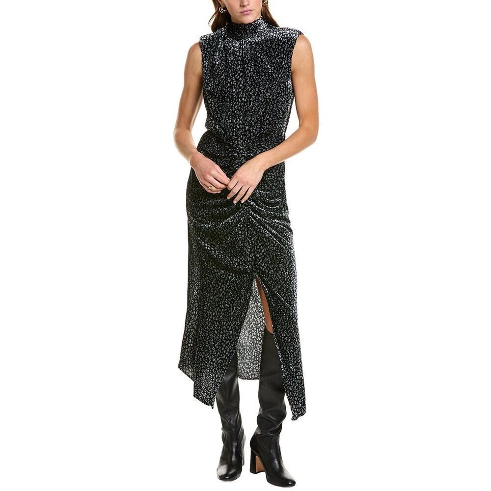 Ramy Brook Lennon Silk-Blend Velvet Midi Dress Black Grey Leopard Print Sz 8 NEW